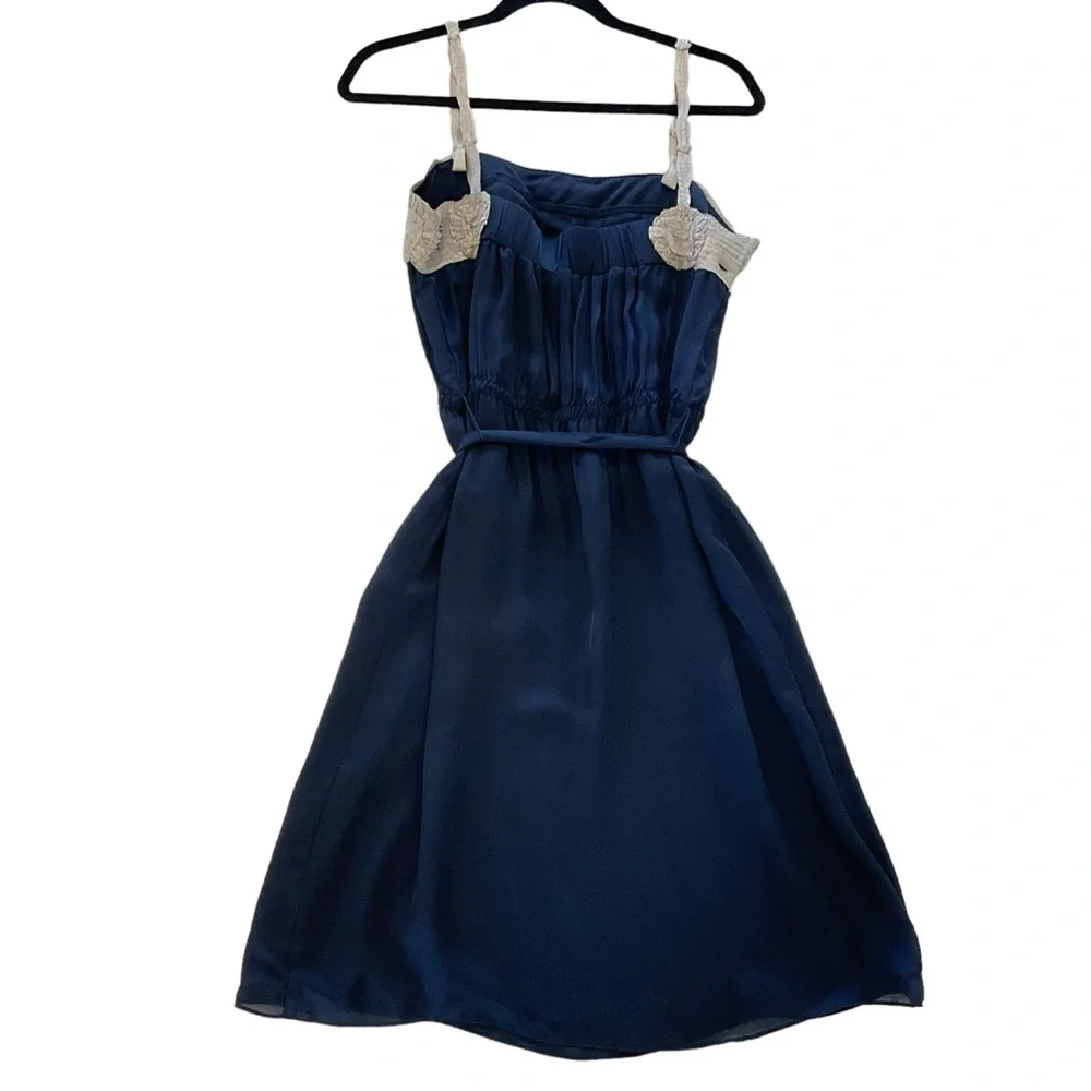 Graham & Spencer Anthropologie 100% Silk Navy Slip Dress Women L Midi Sleeveless - Picture 2 of 15